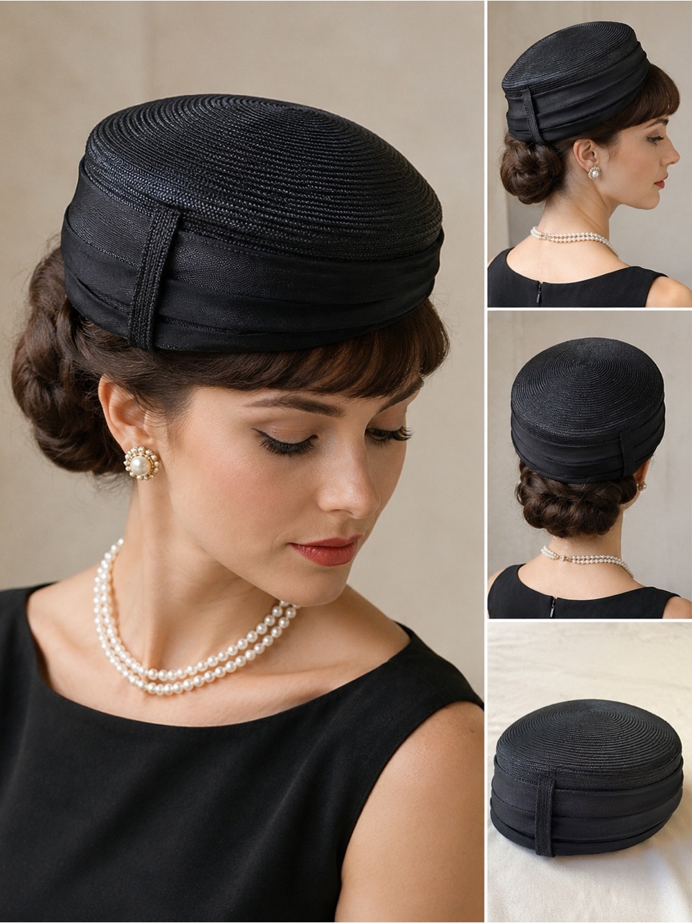 Vintage Black Pillbox Cocktail Hat Satin Trim Woven Formal Church Jackie O Style